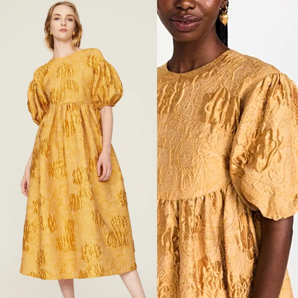 Textured Mustard Puff-Sleeve Midi Dress